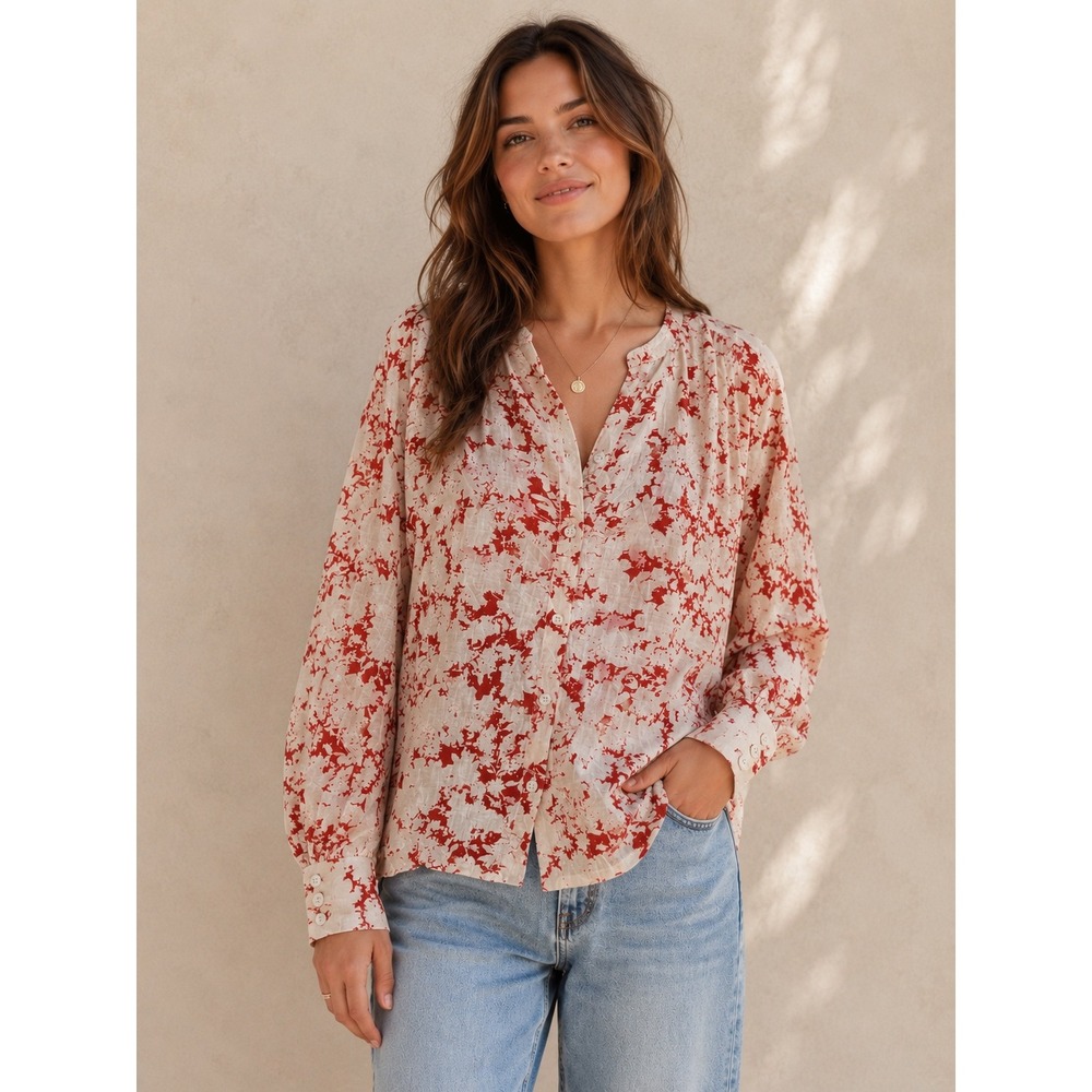 Atelier Reve Irthea SH2 Blouse Women Size‎ 36 Cream Red Abstract Floral Print